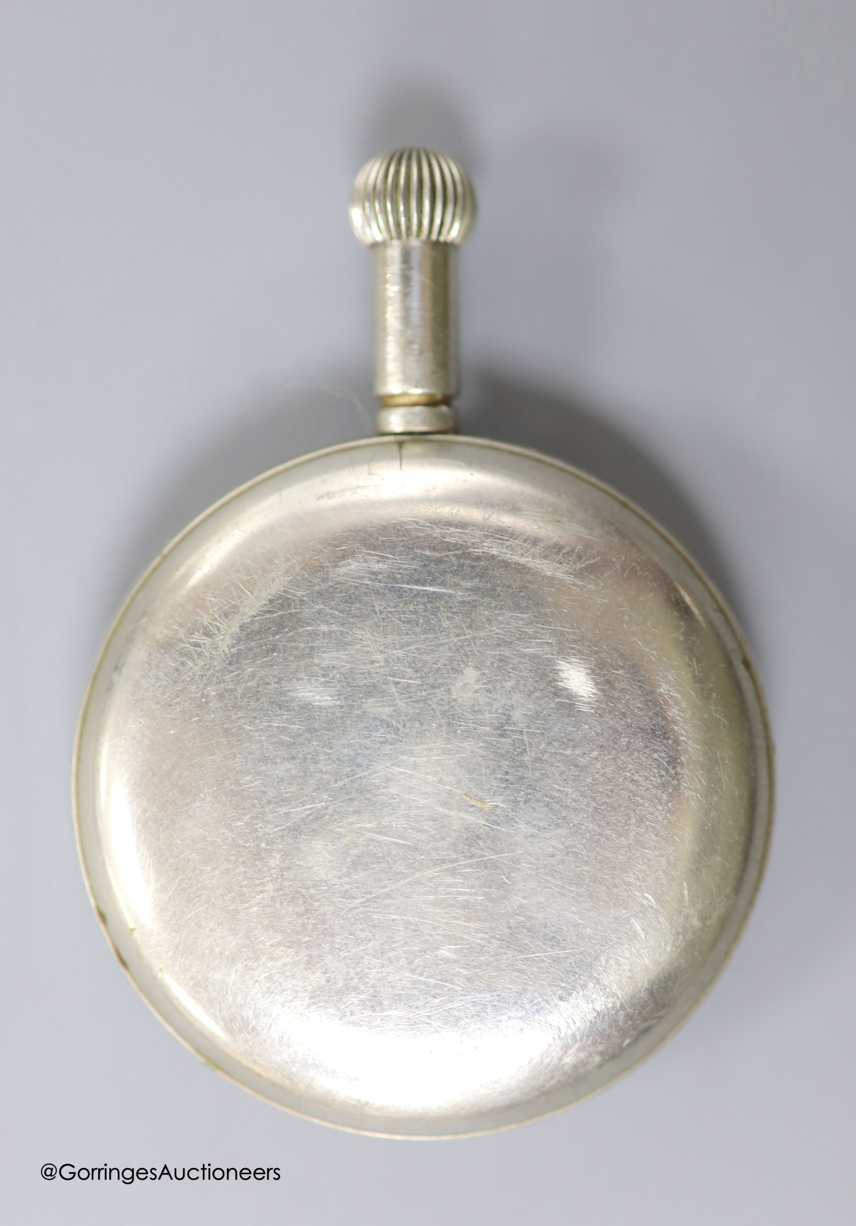 An early 20th century nickel cased black dial cockpit watch, retailed by Elliott Brothers, London, no.2310, with luminescent Arabic numerals (glass cracked)